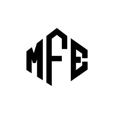 Çokgen şekilli MFE harf logosu tasarımı. MFE çokgen ve küp şeklinde logo tasarımı. MFE altıgen vektör logosu beyaz ve siyah renkler. MFE monogramı, iş ve emlak logosu.