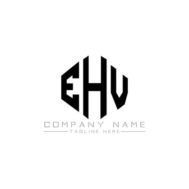 Çokgen şekilli EHV harf logosu tasarımı. EHV çokgen ve küp şeklinde logo tasarımı. EHV altıgen vektör logosu beyaz ve siyah renkler. EHV monogramı, iş ve emlak logosu.