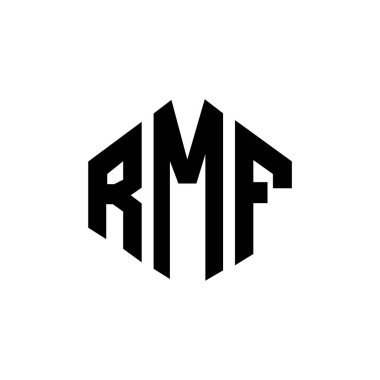 RMF letter logo design with polygon shape. RMF polygon and cube shape logo design. RMF hexagon vector logo template white and black colors. RMF monogram, business and real estate logo.