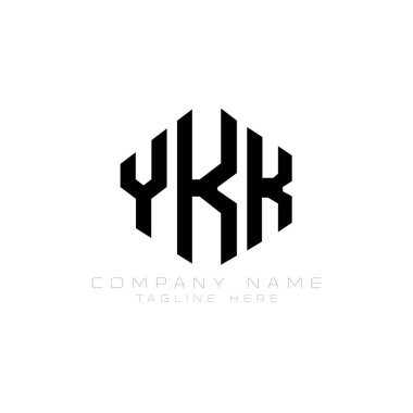 Çokgen şekilli YKK harf logosu tasarımı. YKK çokgen ve küp şeklinde logo tasarımı. YKK altıgen vektör logosu beyaz ve siyah renkler. YKK monogramı, iş ve emlak logosu.