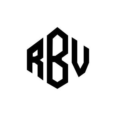 Çokgen şekilli RBV harf logosu tasarımı. RBV çokgen ve küp şeklinde logo tasarımı. RBV altıgen vektör logosu beyaz ve siyah renkler. RBV monogramı, iş ve emlak logosu.