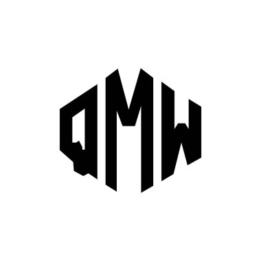 Çokgen şekilli QMW harf logosu tasarımı. QMW çokgen ve küp şeklinde logo tasarımı. QMW altıgen vektör logo şablonu beyaz ve siyah renkler. QMW monogram, iş ve emlak logosu.