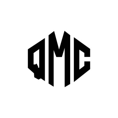 Çokgen şekilli QMC harf logosu tasarımı. QMC çokgen ve küp şeklinde logo tasarımı. QMC altıgen vektör logo şablonu beyaz ve siyah renkler. QMC monogramı, iş ve emlak logosu.