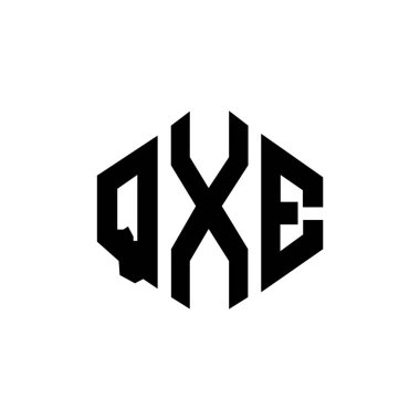 Çokgen şekilli QXE harf logosu tasarımı. QXE çokgen ve küp şeklinde logo tasarımı. QXE altıgen vektör logo şablonu beyaz ve siyah renkler. QXE monogram, iş ve gayrimenkul logosu.