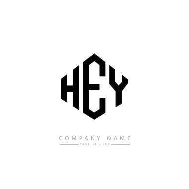 Hey, çokgen şekilli logo tasarımı. Hey çokgen ve küp şeklindeki logo tasarımı. Hey altıgen vektör logosu beyaz ve siyah renkler. Hey monogram, iş ve emlak logosu.