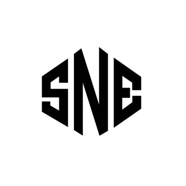 SNE letter logo design with polygon shape. SNE polygon and cube shape logo design. SNE hexagon vector logo template white and black colors. SNE monogram, business and real estate logo.