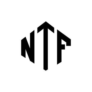 NTF letter logo design with polygon shape. NTF polygon and cube shape logo design. NTF hexagon vector logo template white and black colors. NTF monogram, business and real estate logo.