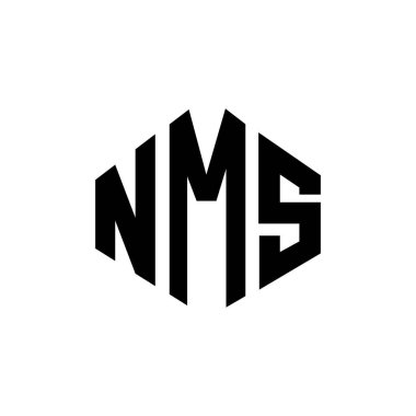 Çokgen şekilli NMS mektup logosu tasarımı. NMS çokgen ve küp şeklinde logo tasarımı. NMS altıgen vektör logosu beyaz ve siyah renklerde. NMS monogramı, iş ve emlak logosu.