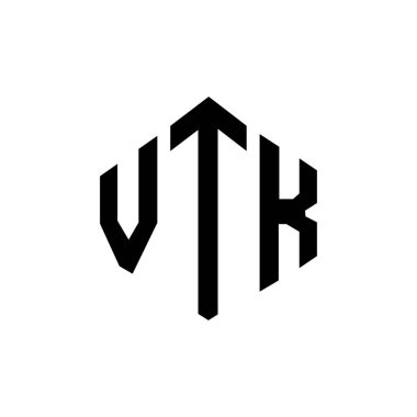 Çokgen şekilli VTK harf logosu tasarımı. VTK çokgen ve küp şeklinde logo tasarımı. VTK altıgen vektör logosu beyaz ve siyah renkler. VTK monogramı, iş ve emlak logosu.