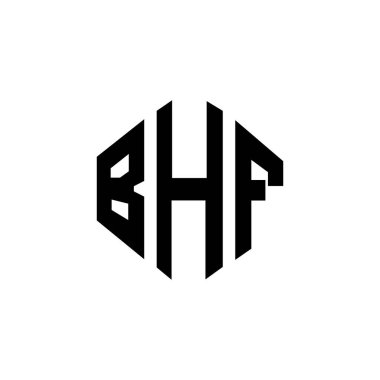 Çokgen şekilli BHF harf logosu tasarımı. BHF çokgen ve küp şeklinde logo tasarımı. BHF altıgen vektör logosu beyaz ve siyah renkler. BHF monogramı, iş ve emlak logosu.