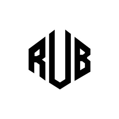 Çokgen şekilli Rub harfi logo tasarımı. Çokgen ve küp şeklinde logo tasarımı. RuB altıgen vektör logosu şablonu beyaz ve siyah renkler. RuB monogramı, iş ve emlak logosu.