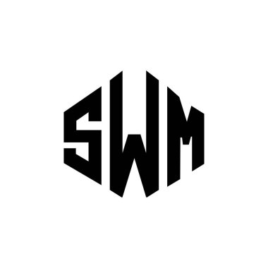 Çokgen şekilli SWM harf logosu tasarımı. Yüzme çokgeni ve küp şeklinde logo tasarımı. SWM altıgen vektör logosu beyaz ve siyah renklerde. SWM monogramı, iş ve emlak logosu.