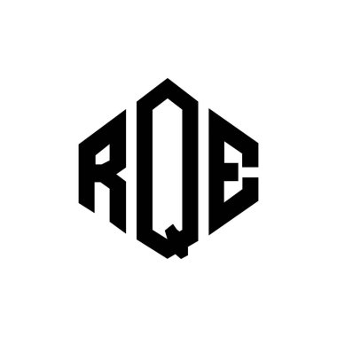 Çokgen şekilli RQE harf logosu tasarımı. RQE çokgen ve küp şeklinde logo tasarımı. RQE altıgen vektör logosu beyaz ve siyah renkler. RQE monogram, iş ve gayrimenkul logosu.