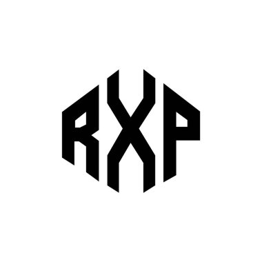 Çokgen şekilli RXP harf logosu tasarımı. RXP çokgen ve küp şeklinde logo tasarımı. RXP altıgen vektör logosu beyaz ve siyah renkler. RXP monogramı, iş ve emlak logosu.