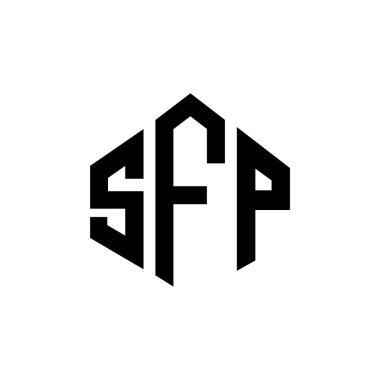 Çokgen şekilli SFP harf logosu tasarımı. SFP çokgen ve küp şeklinde logo tasarımı. SFP altıgen vektör logo şablonu beyaz ve siyah renkler. SFP monogramı, iş ve emlak logosu.