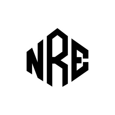 Çokgen şekilli NRE harf logosu tasarımı. NRE çokgen ve küp şeklinde logo tasarımı. NRE altıgen vektör logosu beyaz ve siyah renkler. NRE monogramı, iş ve emlak logosu.