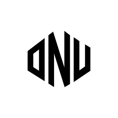 ONU harf logosu dizaynı çokgen şeklinde. ONU çokgen ve küp şeklinde logo tasarımı. ONU altıgen vektör logosu beyaz ve siyah renkler. ONU monogram, iş ve gayrimenkul logosu.