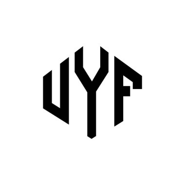 Çokgen şekilli UYF harf logosu tasarımı. UYF çokgen ve küp şeklinde logo tasarımı. UYF altıgen vektör logo şablonu beyaz ve siyah renkler. UYF monogramı, iş ve emlak logosu.