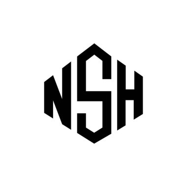 Çokgen şekilli NSH harf logosu tasarımı. NSH çokgen ve küp şeklinde logo tasarımı. NSH altıgen vektör logosu beyaz ve siyah renkler. NSH monogramı, iş ve emlak logosu.