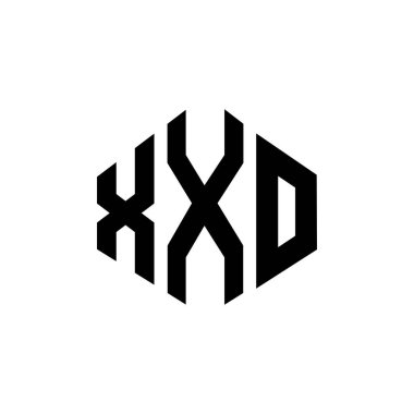 Çokgen şekilli XXO harf logosu tasarımı. XXO çokgen ve küp şeklinde logo tasarımı. XXO altıgen vektör logosu beyaz ve siyah renkler. XXO monogram, iş ve emlak logosu.