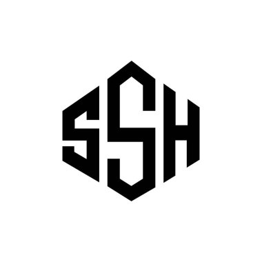 Çokgen şekilli SSH harf logosu tasarımı. SSH çokgen ve küp şeklinde logo tasarımı. SSH altıgen vektör logosu beyaz ve siyah renkler. SSH monogramı, iş ve emlak logosu.