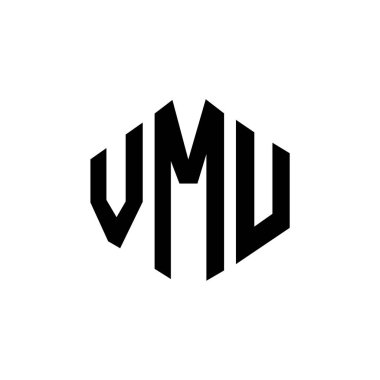 Çokgen şekilli VMU harf logosu tasarımı. VMU çokgen ve küp şeklinde logo tasarımı. VMU altıgen vektör logosu beyaz ve siyah renkler. VMU monogramı, iş ve emlak logosu.