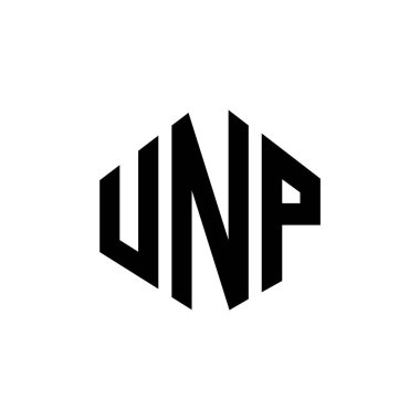 Çokgen şekilli UNP harf logosu tasarımı. UNP çokgen ve küp şeklinde logo tasarımı. UNP altıgen vektör logosu beyaz ve siyah renklerde. UNP monogramı, iş ve emlak logosu.