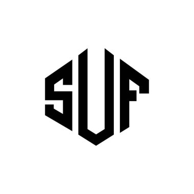 Çokgen şekilli SUF harf logosu tasarımı. SUF çokgen ve küp şeklinde logo tasarımı. SUF altıgen vektör logosu beyaz ve siyah renkler. SUF monogramı, iş ve emlak logosu.