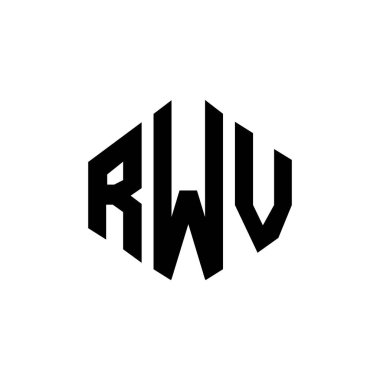 Çokgen şekilli RWV harf logosu tasarımı. RWV çokgen ve küp şeklinde logo tasarımı. RWV altıgen vektör logosu beyaz ve siyah renkler. RWV monogramı, iş ve emlak logosu.