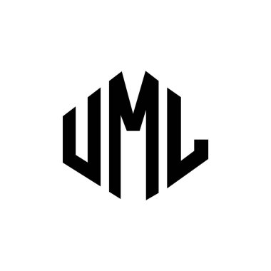 UML letter logo design with polygon shape. UML polygon and cube shape logo design. UML hexagon vector logo template white and black colors. UML monogram, business and real estate logo.