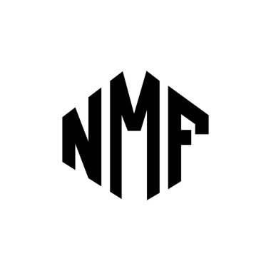 Çokgen şekilli NMF harf logosu tasarımı. NMF çokgen ve küp şeklinde logo tasarımı. NMF altıgen vektör logosu beyaz ve siyah renkler. NMF monogramı, iş ve emlak logosu.