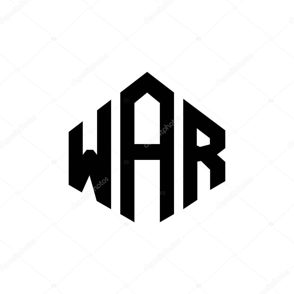 WAR letter logo design with polygon shape. WAR polygon and cube shape logo design. WAR hexagon vector logo template white and black colors. WAR monogram, business and real estate logo.