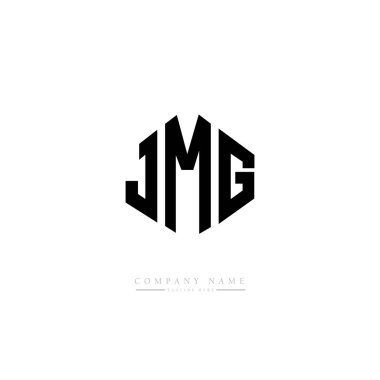 Çokgen şekilli JMG harf logosu tasarımı. JMG çokgen ve küp şeklinde logo tasarımı. JMG altıgen vektör logosu beyaz ve siyah renkler. JMG monogramı, iş ve emlak logosu.