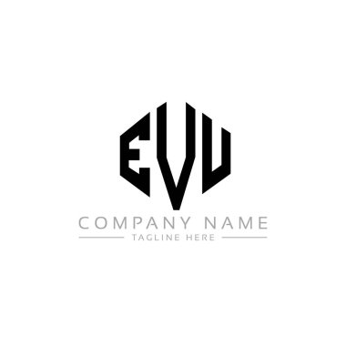 Çokgen şekilli EVU harf logosu tasarımı. EVU çokgen ve küp şeklinde logo tasarımı. EVU altıgen vektör logosu beyaz ve siyah renkler. EVU monogramı, iş ve emlak logosu.