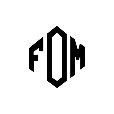 Çokgen şekilli FOM harfi logo tasarımı. FOM çokgen ve küp şeklinde logo tasarımı. FOM altıgen vektör logosu beyaz ve siyah renkler. FOM monogramı, iş ve emlak logosu.