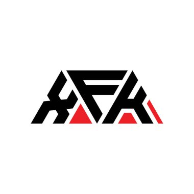 Üçgen şekilli XFK üçgen harf logosu tasarımı. XFK üçgen logo tasarımı monogramı. Kırmızı renkli XFK üçgen vektör şablonu. XFK üçgen logosu Basit, Zarif ve Lüks Logo. XFK