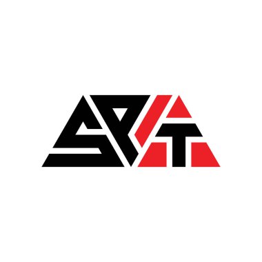 Üçgen şekilli SPT üçgen harf logosu tasarımı. SPT üçgen logo tasarımı monogramı. Kırmızı renkli SPT üçgen vektör logo şablonu. SPT üçgen logosu Basit, Zarif ve Lüks Logo. SPT