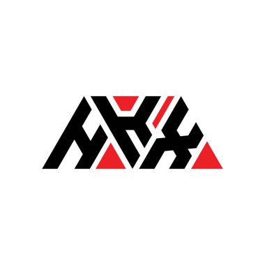 Üçgen şekilli HKX üçgen harf logosu tasarımı. HKX üçgen logo tasarımı monogramı. Kırmızı renkli HKX üçgen vektör şablonu. HKX üçgen logosu Basit, Zarif ve Lüks Logo. HKX