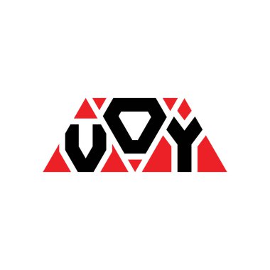 Üçgen şekilli VOY üçgen harf logosu tasarımı. VOY üçgen logo tasarımı monogramı. Kırmızı renkli VOY üçgen vektör logo şablonu. VOY üçgen logosu Basit, Zarif ve Lüks Logo. VOY