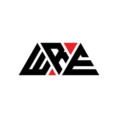Üçgen şekilli WRE üçgen harf logosu tasarımı. WRE üçgen logo tasarımı monogramı. Kırmızı renkli WRE üçgen vektör logo şablonu. WRE üçgen logosu Basit, Zarif ve Lüks Logo. WRE