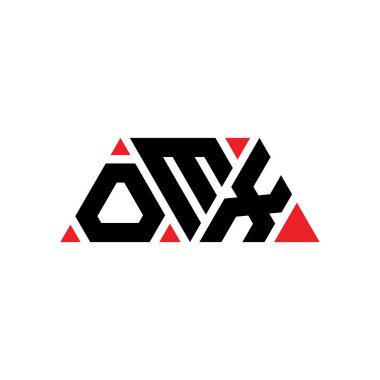Üçgen şekilli OMX üçgen harf logosu tasarımı. OMX üçgen logo tasarımı monogramı. Kırmızı renkli OMX üçgen vektör şablonu. OMX üçgen logosu Basit, Zarif ve Lüks Logo. OMX