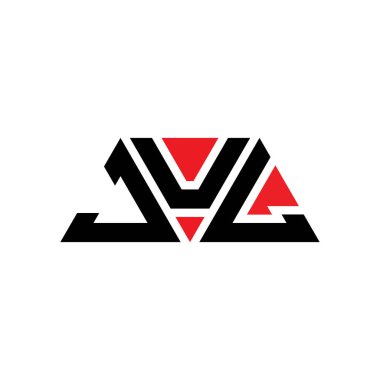 Üçgen şekilli JUL üçgen harf logosu tasarımı. JUL üçgen logo tasarımı monogramı. Kırmızı renkli JUL üçgen vektör şablonu. JUL üçgen logosu Basit, Zarif ve Lüks Logo. JUL