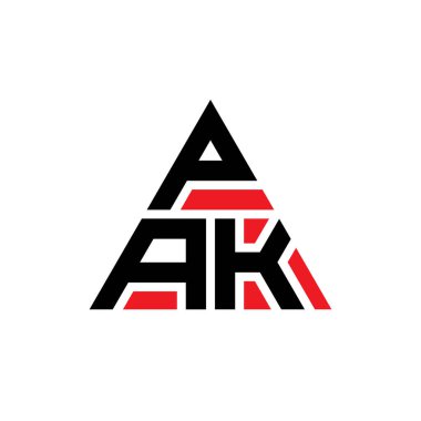 Üçgen şekilli PAK üçgen harf logosu tasarımı. PAK üçgen logo tasarımı monogramı. Kırmızı renkli PAK üçgen vektör şablonu. PAK üçgen logosu Basit, Zarif ve Lüks Logo.