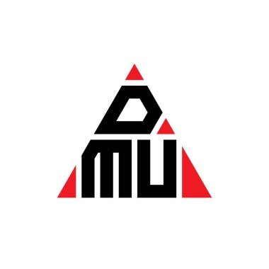 Üçgen şekilli DMU üçgen harf logosu tasarımı. DMU üçgen logo tasarımı monogramı. Kırmızı renkli DMU üçgen vektör şablonu. DMU üçgen logosu Basit, Zarif ve Lüks Logo.