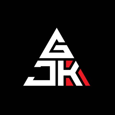 Üçgen şekilli GJK üçgen harf logosu tasarımı. GJK üçgen logo tasarımı monogramı. Kırmızı renkli GJK üçgen vektör şablonu. GJK üçgen logosu Basit, Zarif ve Lüks Logo.