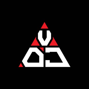 VOJ üçgen şekilli harf logosu tasarımı. VOJ üçgen logo tasarımı monogramı. VOJ üçgen logo şablonu kırmızı renkte. VOJ üçgen logosu Basit, Zarif ve Lüks Logo.