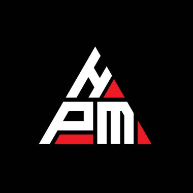Üçgen şekilli HPM üçgen harf logosu tasarımı. HPM üçgen logo tasarımı monogramı. Kırmızı renkli HPM üçgen vektör şablonu. HPM üçgen logosu Basit, Zarif ve Lüks Logo.