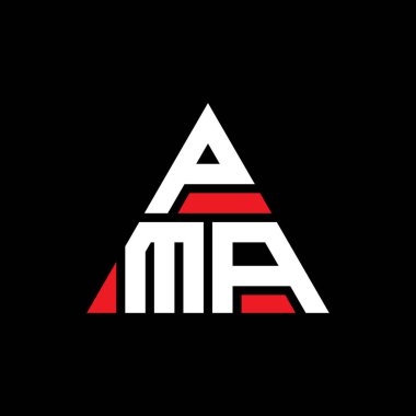 Üçgen şekilli PMA üçgen harf logosu tasarımı. PMA üçgen logo tasarımı monogramı. Kırmızı renkli PMA üçgen vektör logo şablonu. PMA üçgen logosu Basit, Zarif ve Lüks Logo.