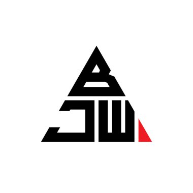 Üçgen şekilli BJW üçgen harf logosu tasarımı. BJW üçgen logo tasarımı monogramı. Kırmızı renkli BJW üçgen vektör logo şablonu. BJW üçgen logosu Basit, Zarif ve Lüks Logo.