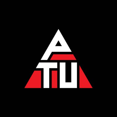 Üçgen şekilli PTU üçgen harf logosu tasarımı. PTU üçgen logo tasarımı monogramı. Kırmızı renkli PTU üçgen vektör şablonu. PTU üçgen logosu Basit, Zarif ve Lüks Logo.